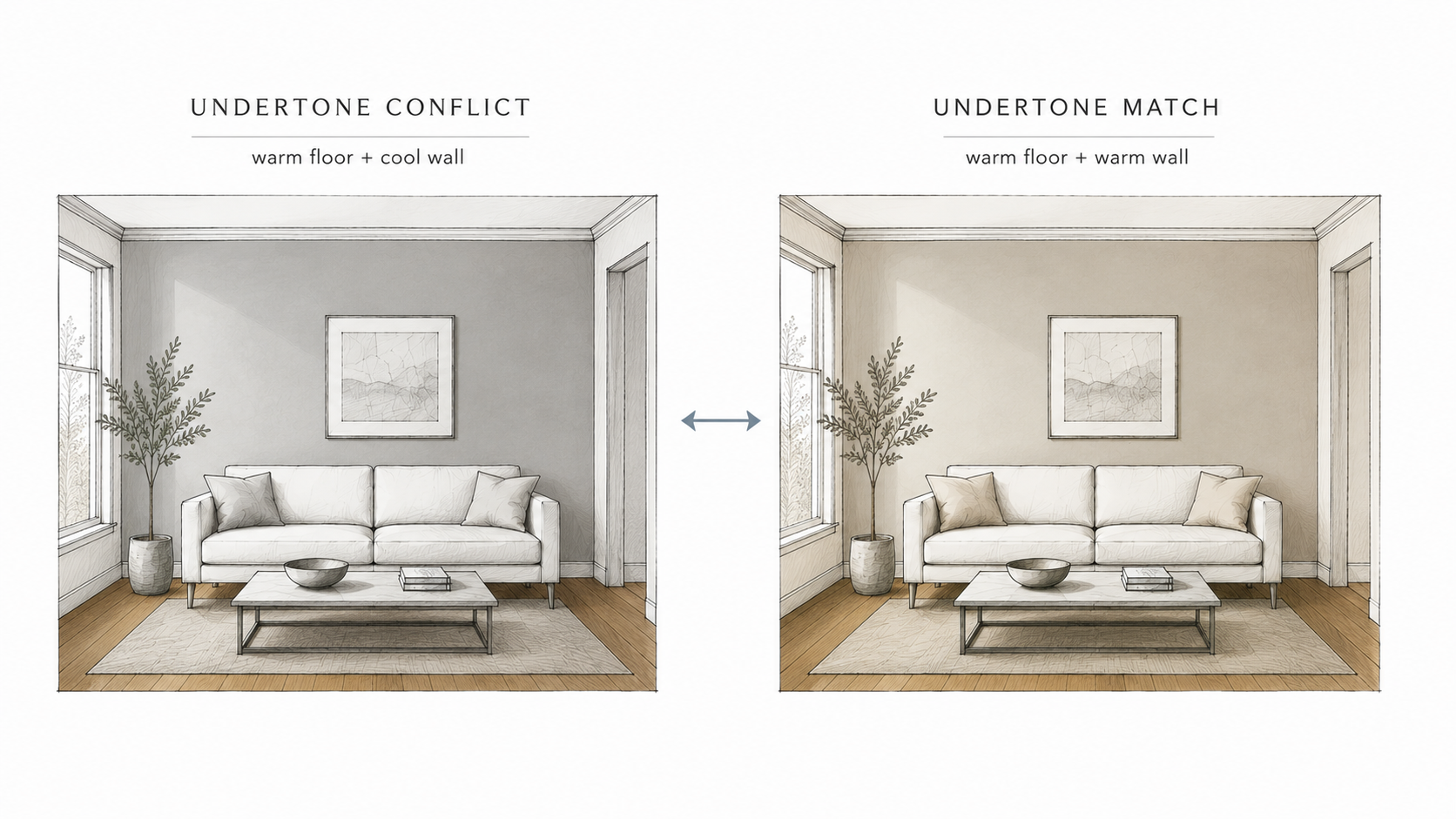Diagram showing how warm floors and cool wall paint can clash in an interior palette.