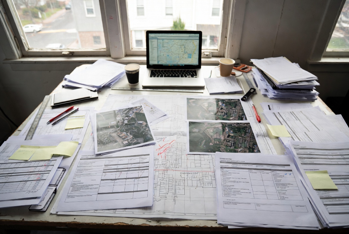Urban planning master plan with zoning maps, aerial photos, community feedback notes, and GIS analysis for neighborhood development.