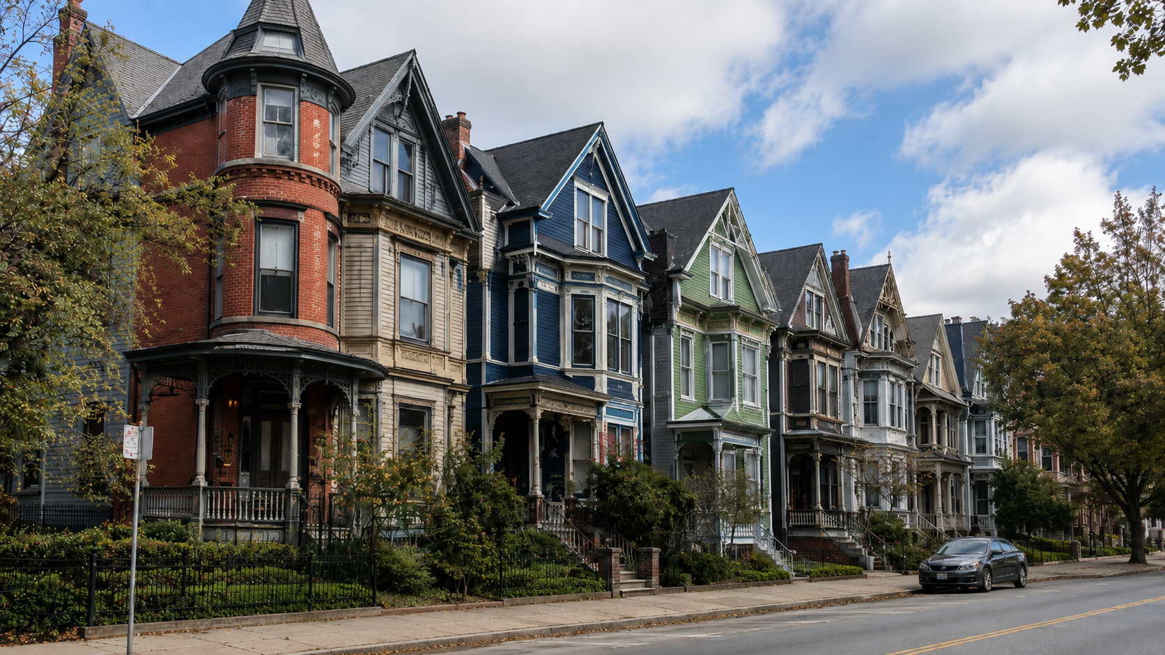 Street of Victorian houses with steep rooflines, bay windows, porches, tall windows, and decorative trim.