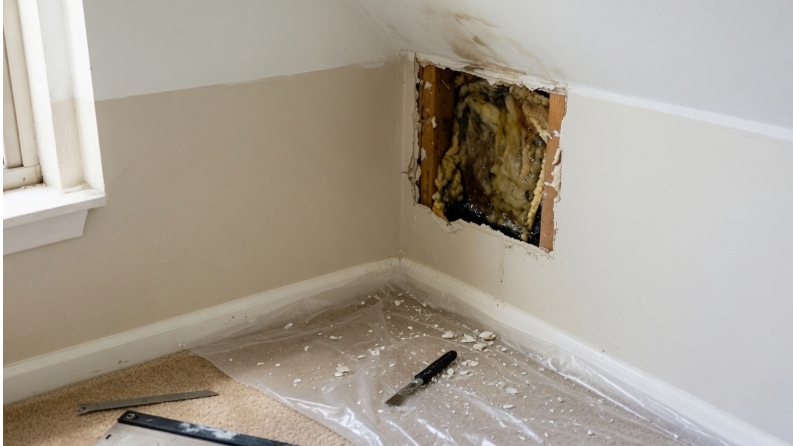 Water damaged drywall opened below a small ceiling leak to check wet insulation and framing.