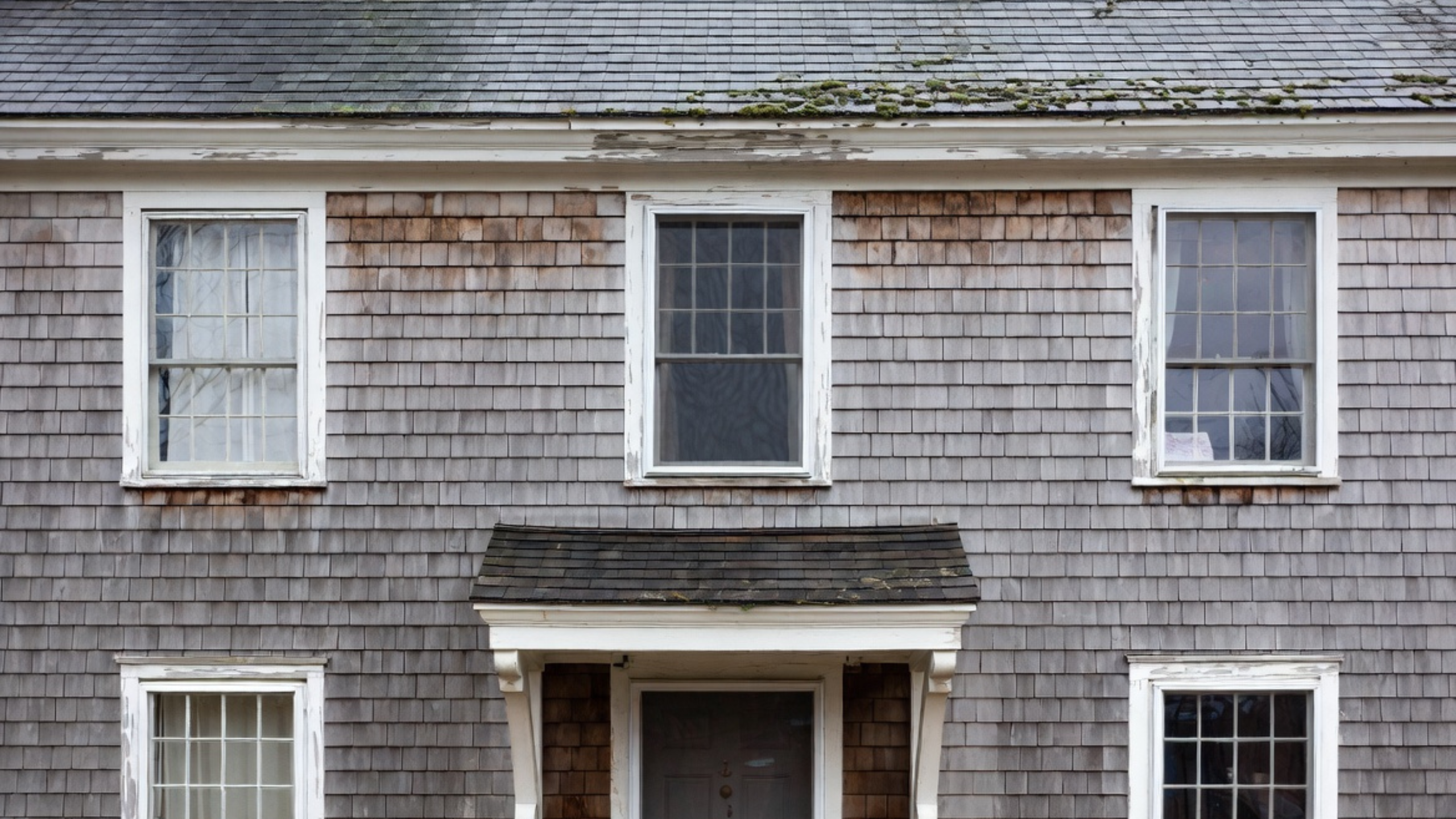 Weathered Cape Cod wall with older windows, worn trim, and staining below the openings.