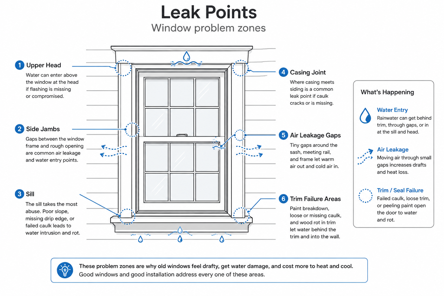 Diagram showing common window leak points at the head, jambs, sill, casing, and air gaps.