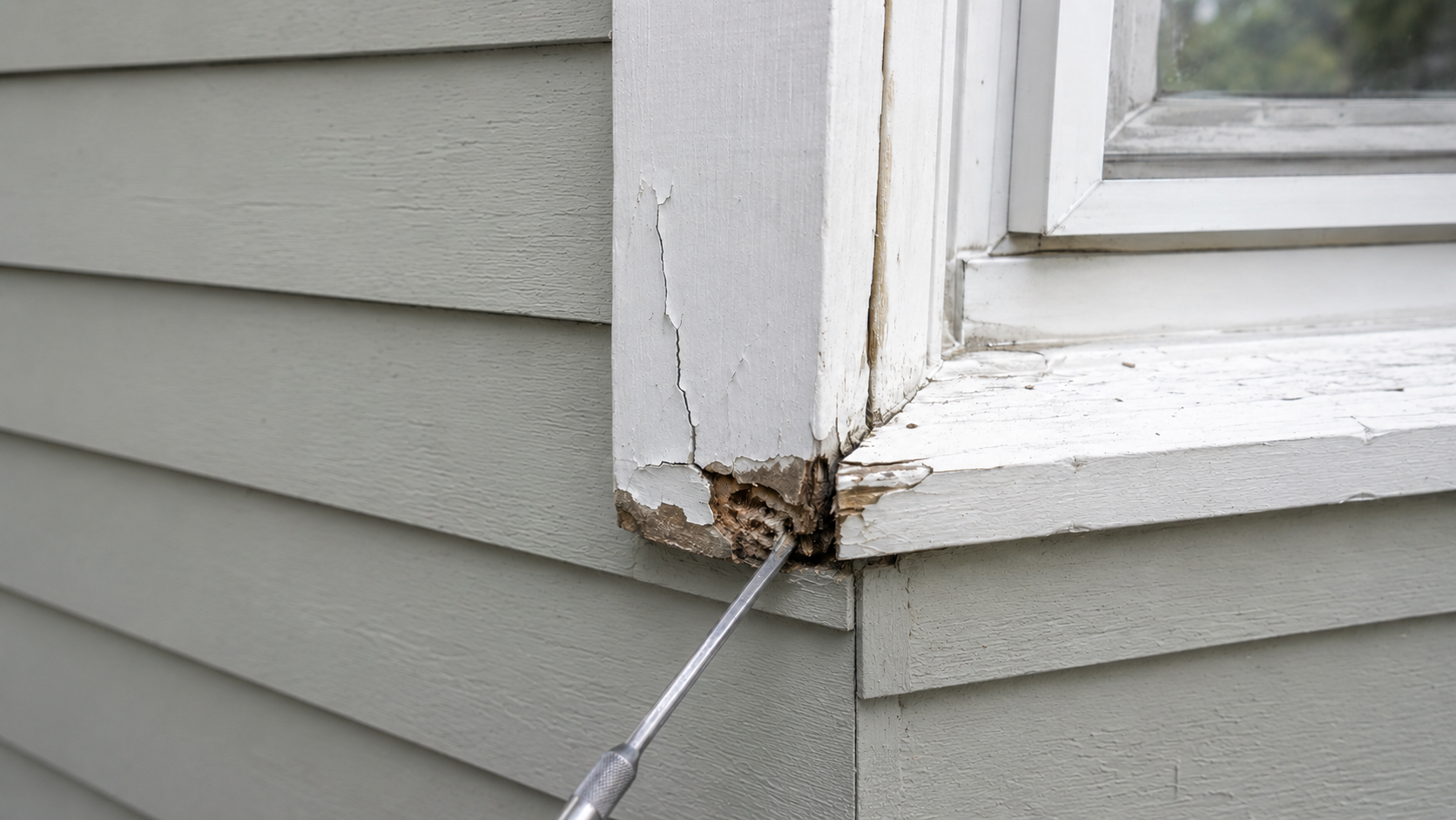 Rotted exterior wood trim checked before repair.