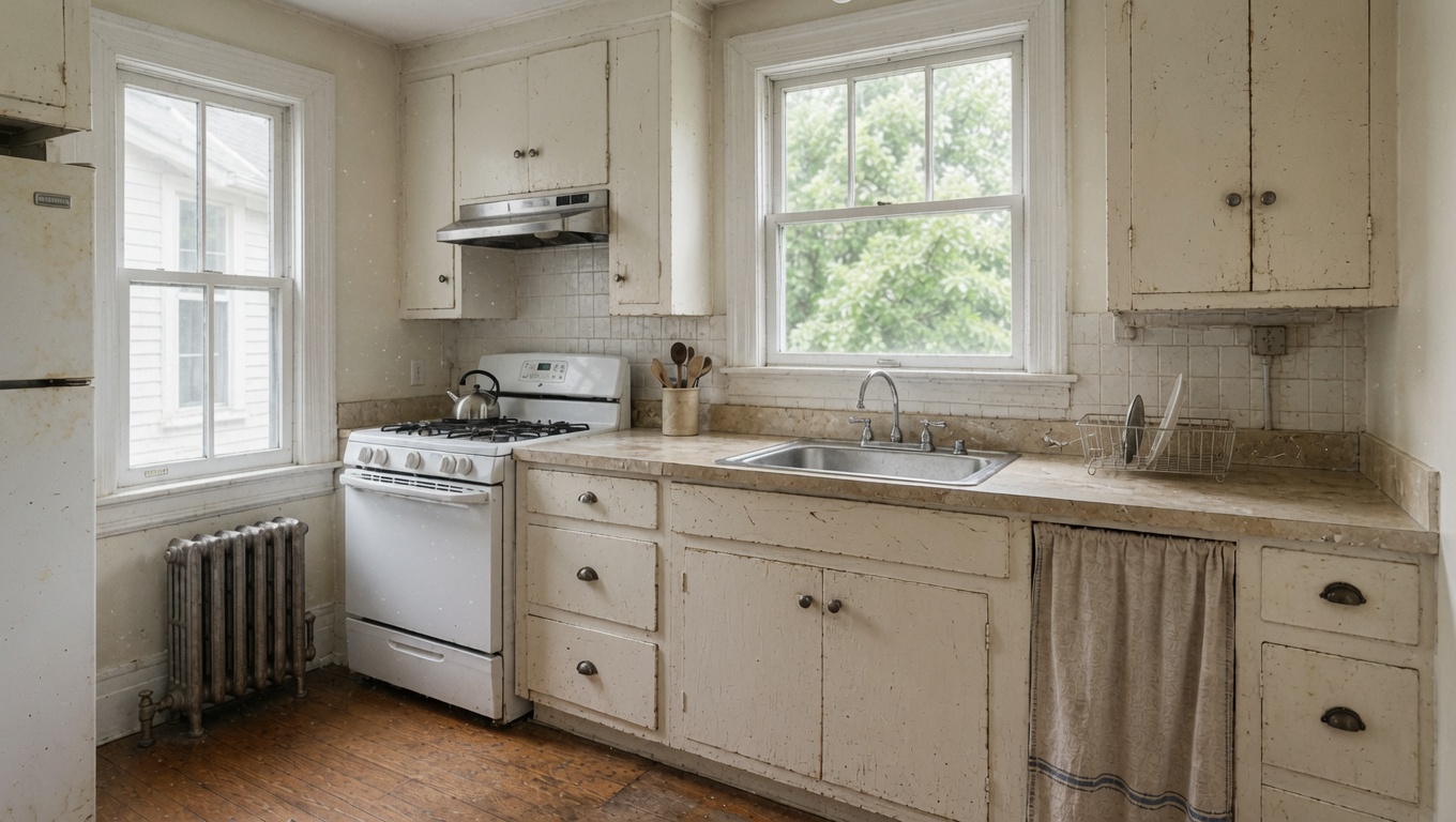 1910s-kitchen-before-renovation.jpg    Alt text Worn kitchen in a 1910s house with original wood flooring, old cabinets, radiator, and double-hung windows.