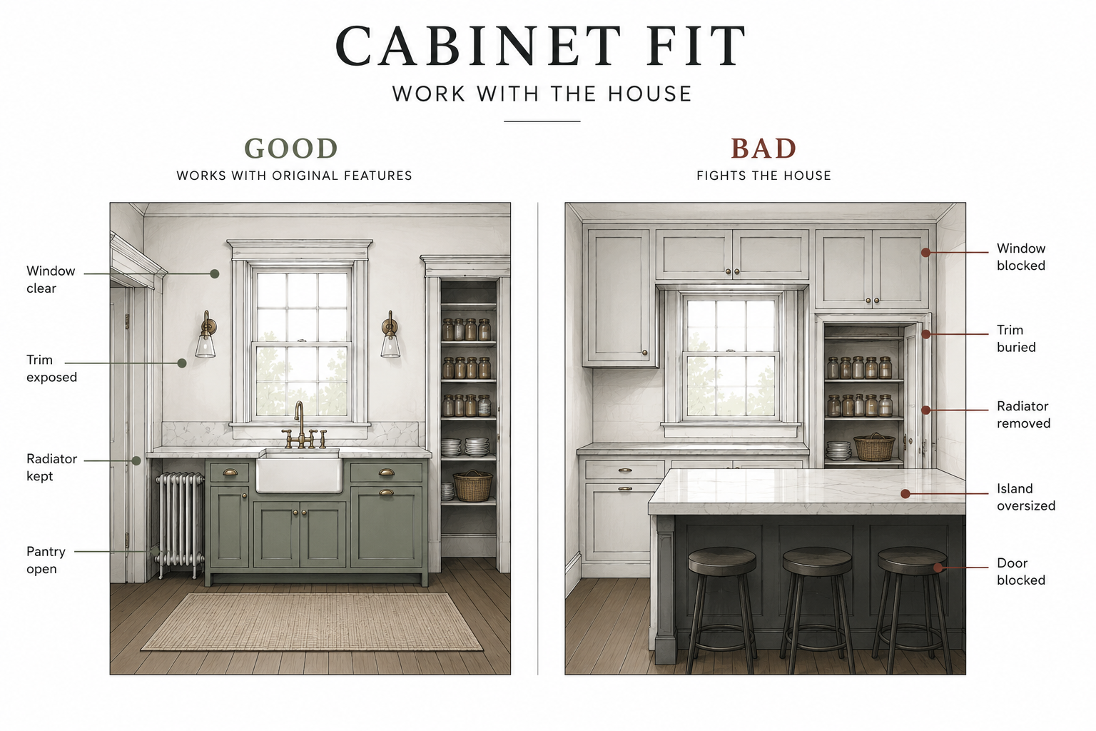Good and bad cabinet layouts showing how a 1910s kitchen can preserve or block windows, trim, radiators, pantry access, and circulation.