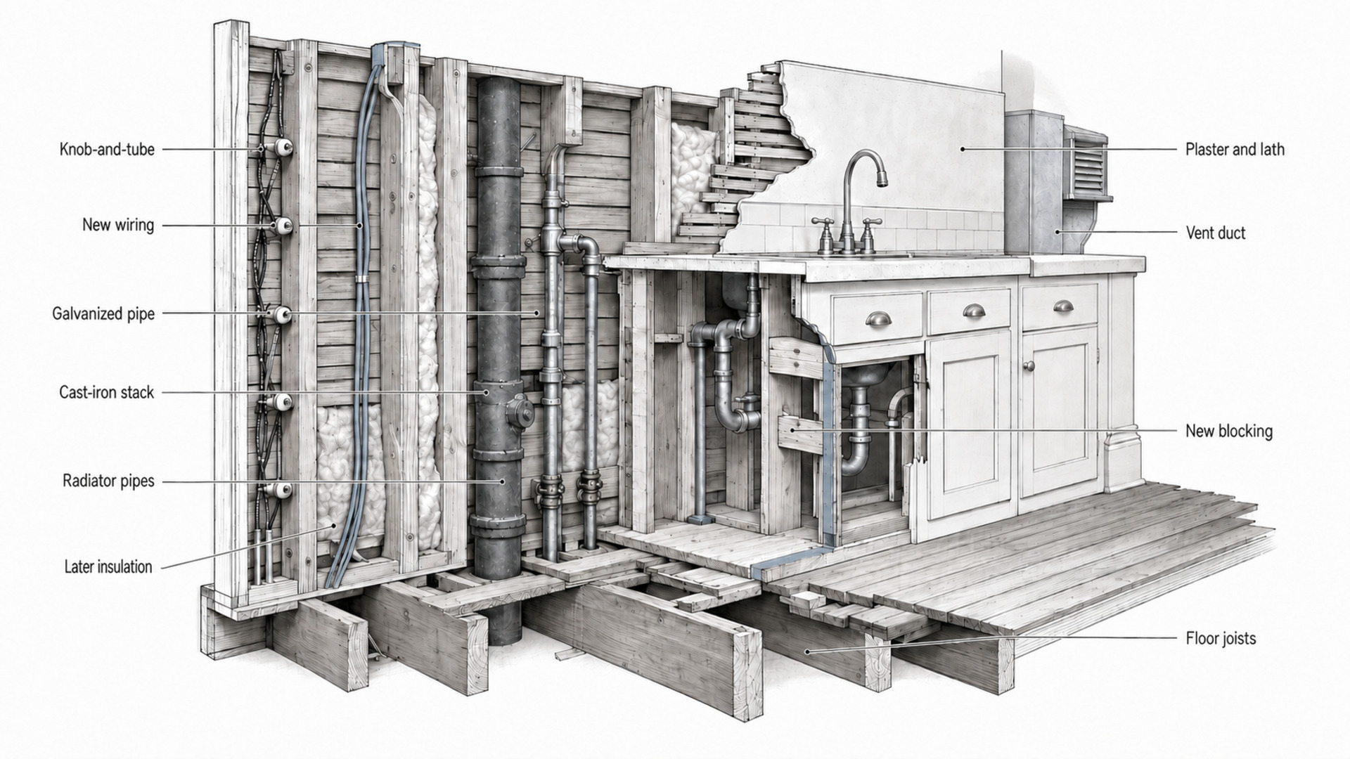 Cutaway of a 1910s kitchen showing old wiring, plumbing, plaster, insulation, ductwork, blocking, and floor joists.