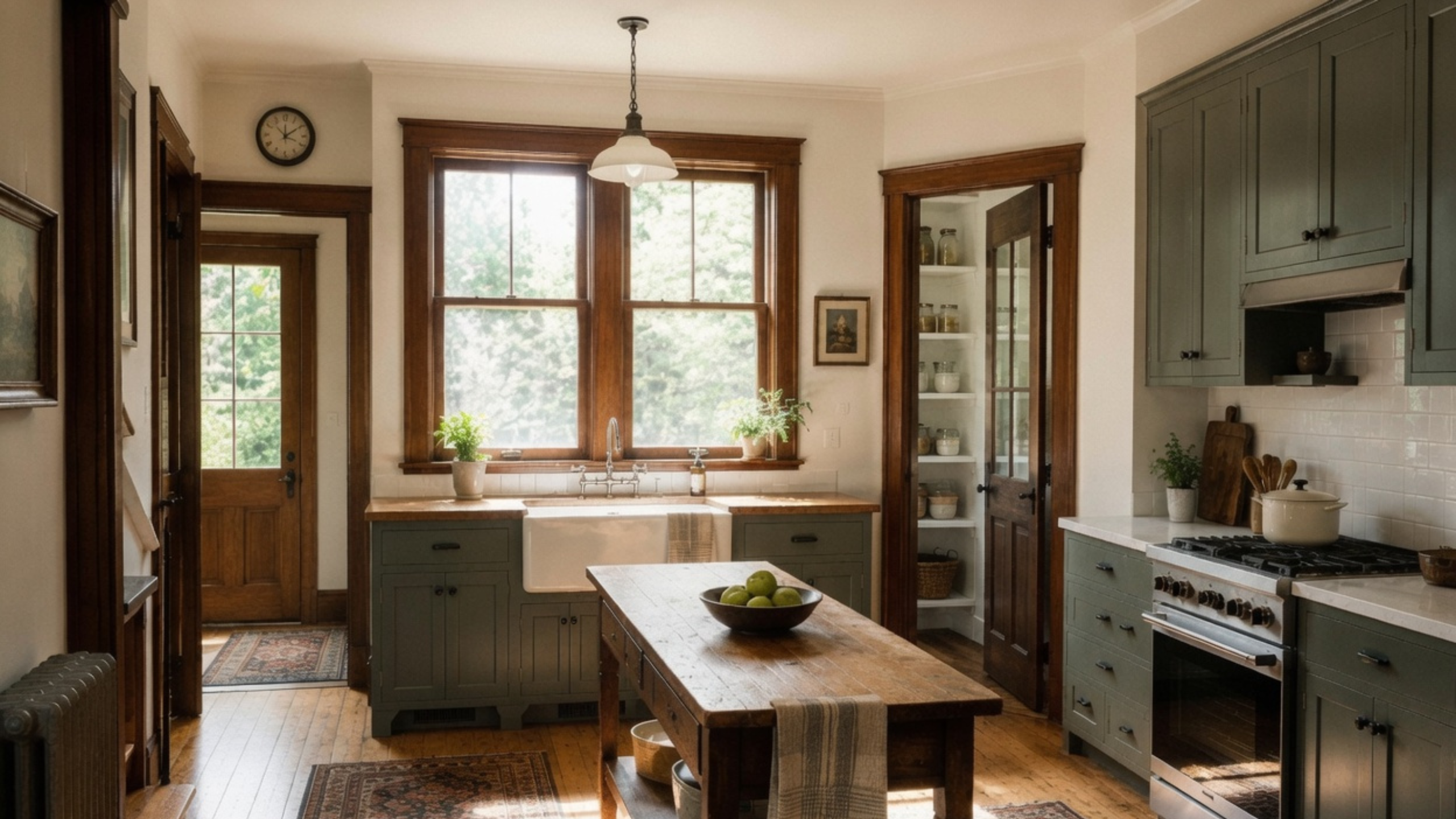 Remodeled 1910s kitchen with original wood trim, pantry, painted cabinets, and a freestanding worktable.