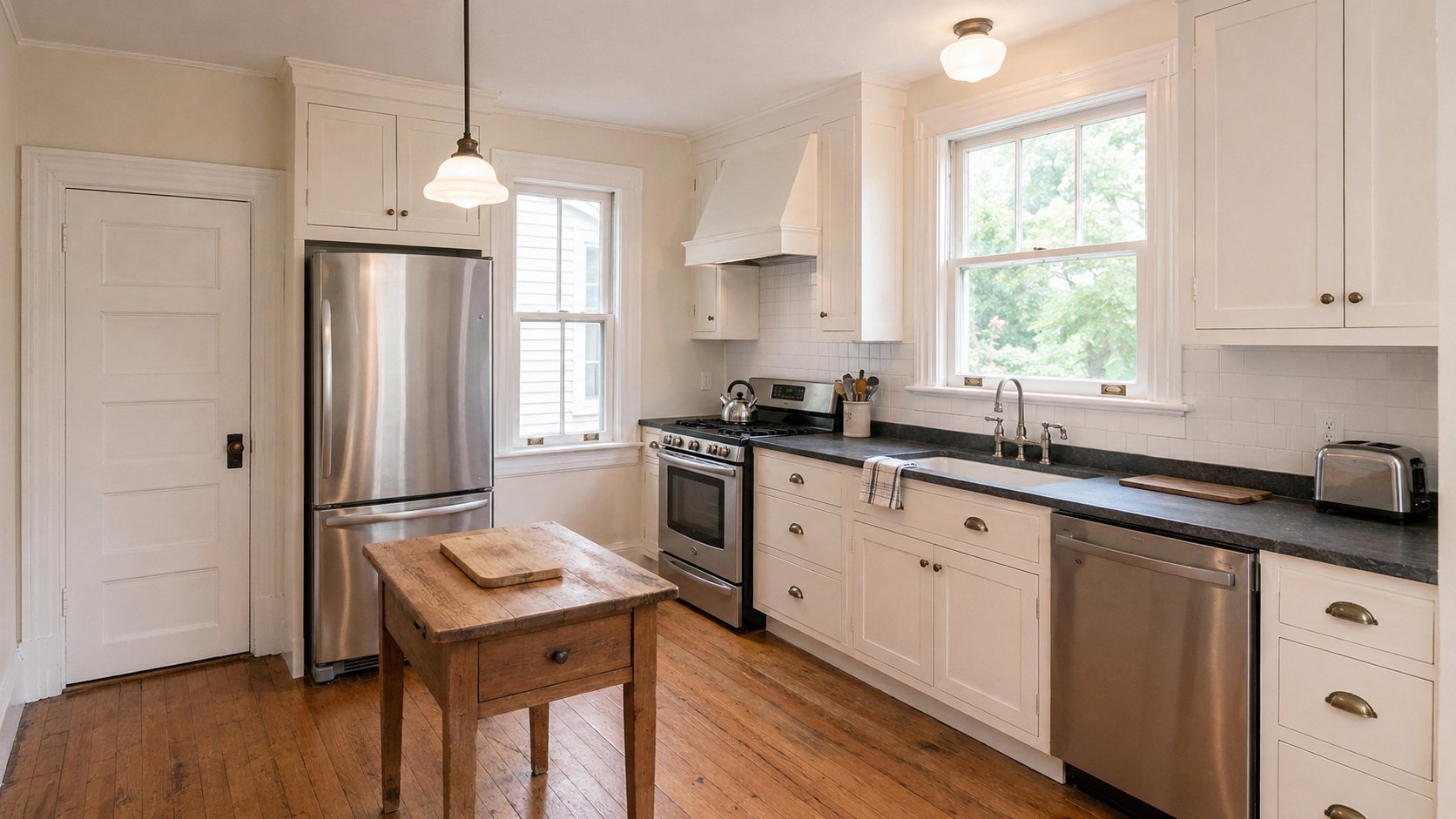 Bright renovated 1910s kitchen with original windows, inset cabinets, pantry door, and worn wood floors.