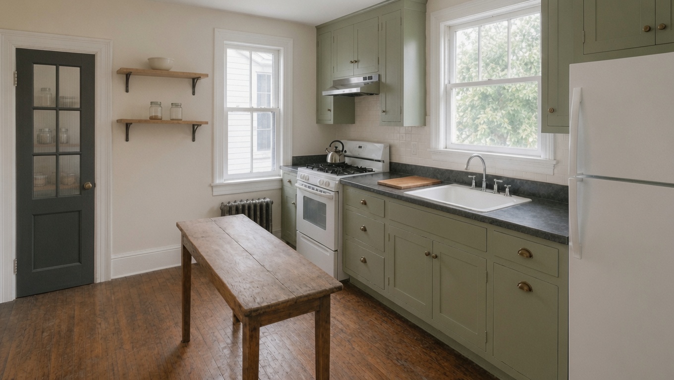 Renovated 1910s kitchen with sage cabinets, original windows, radiator, wood flooring, and a glass pantry door.