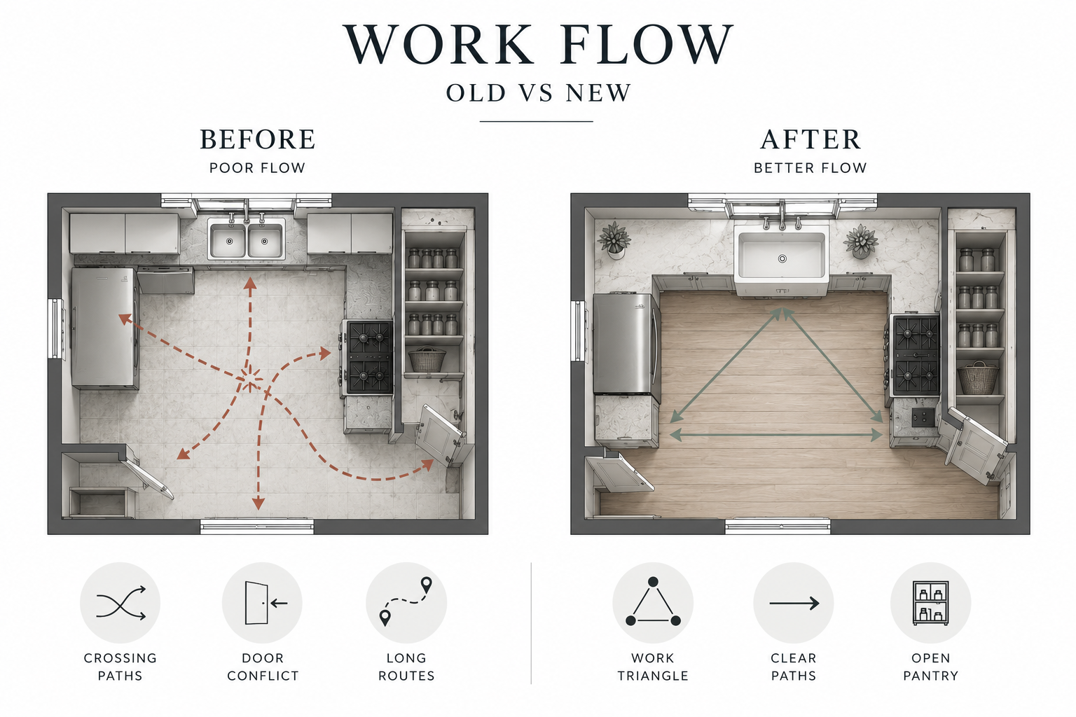 Before-and-after kitchen floor plans comparing poor circulation with an improved work triangle and open pantry access.