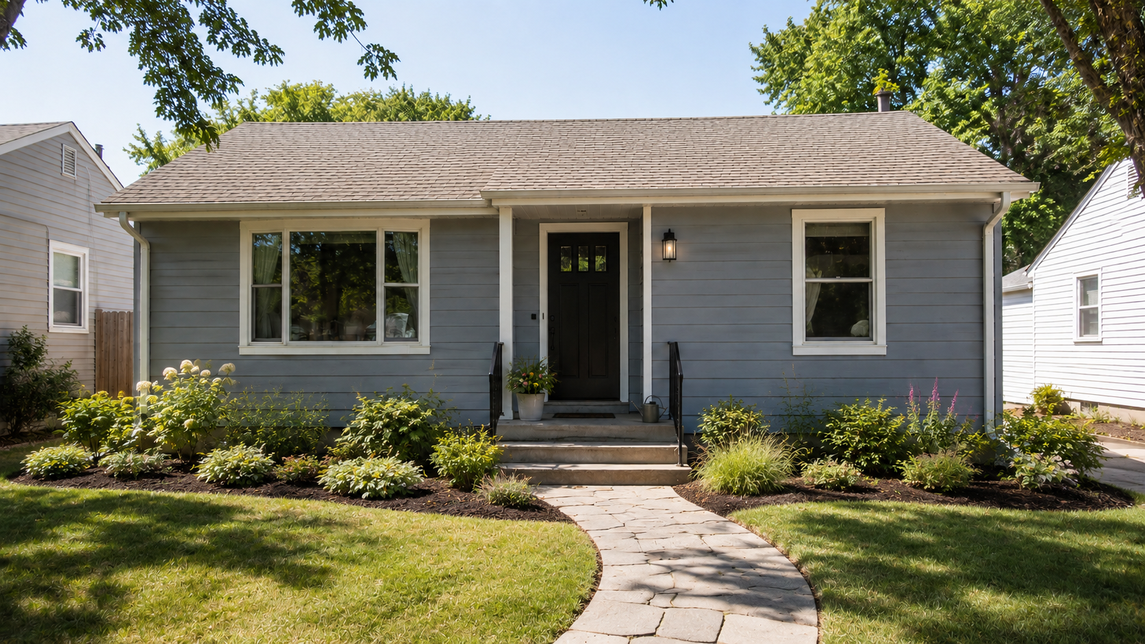 Updated 1950s bungalow exterior with improved entry, curved walkway, fresh siding color, and restrained landscaping.