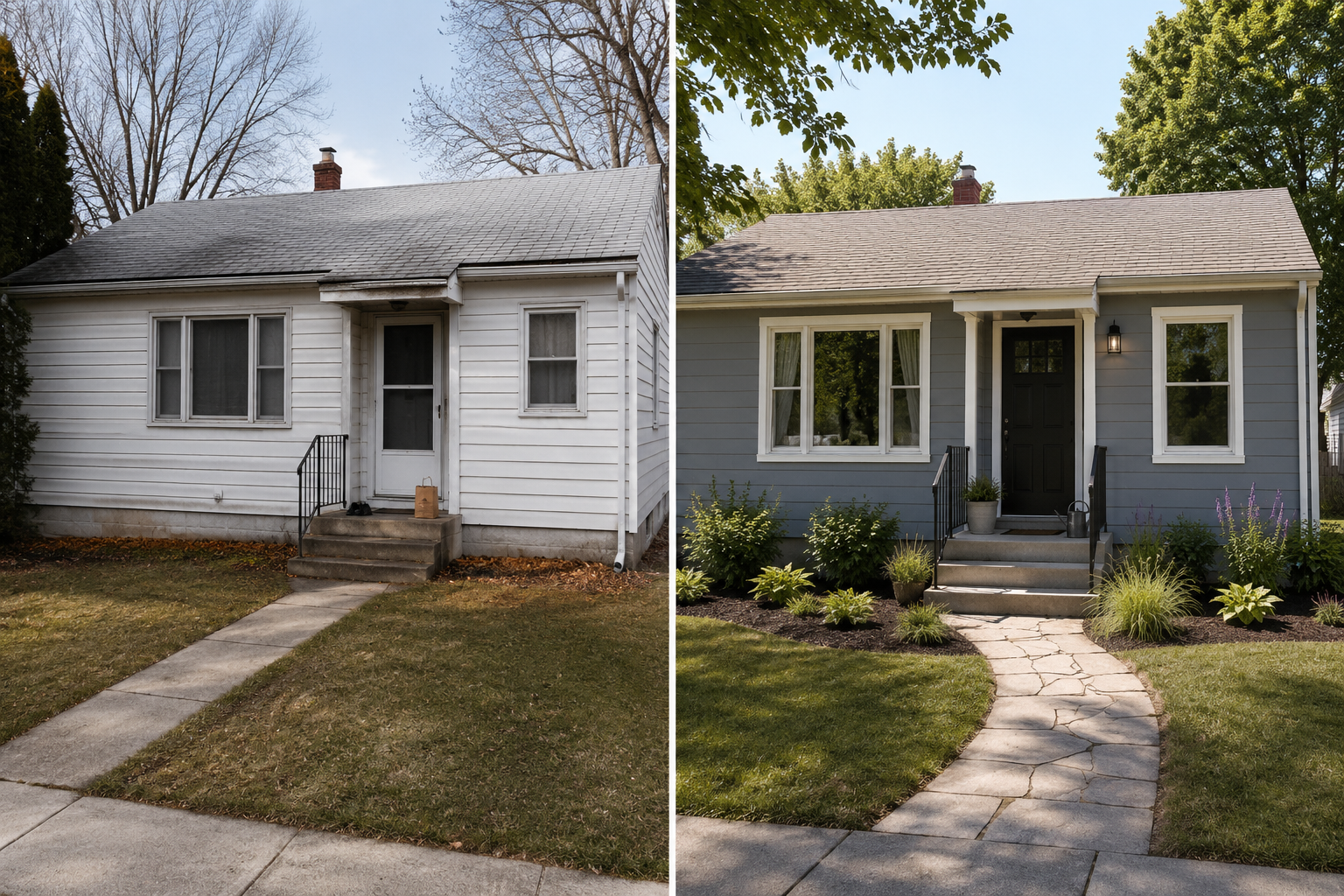 Before and after 1950s bungalow renovation with refreshed siding, porch, walkway, and landscaping.