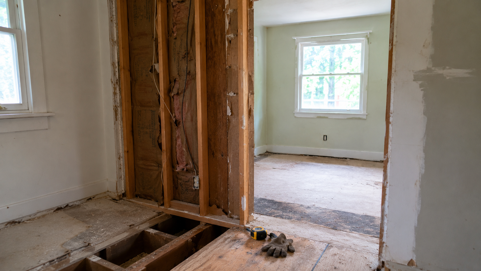 1950s bungalow renovation with opened wall, old insulation, wiring, and exposed subfloor.