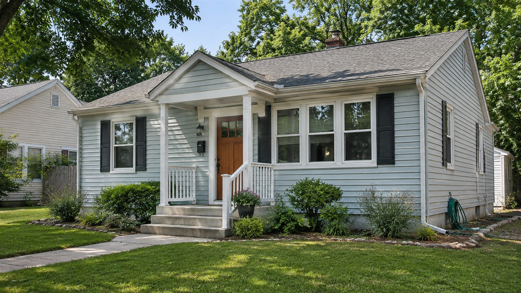 Renovated 1950s bungalow exterior with small porch, simple siding, and modest scale.