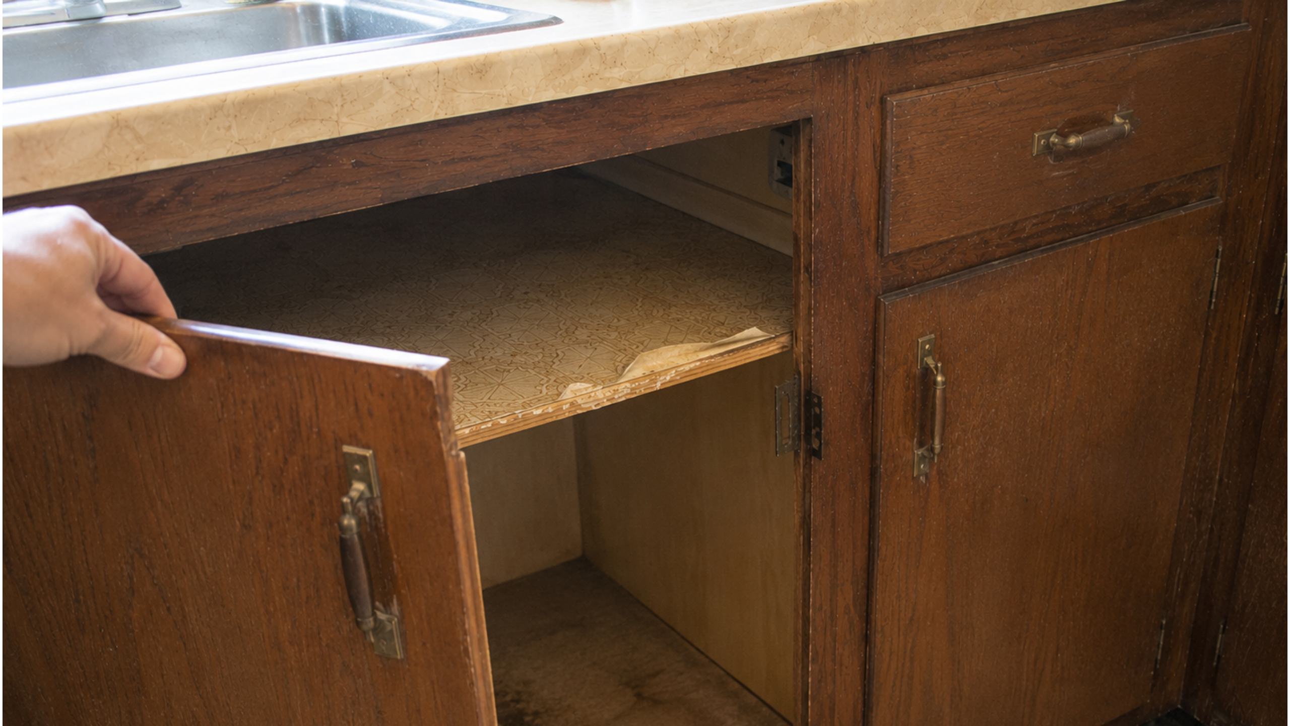 Old 1970s kitchen cabinet opened near the sink base to check the box, shelf, hinge, and water damage.