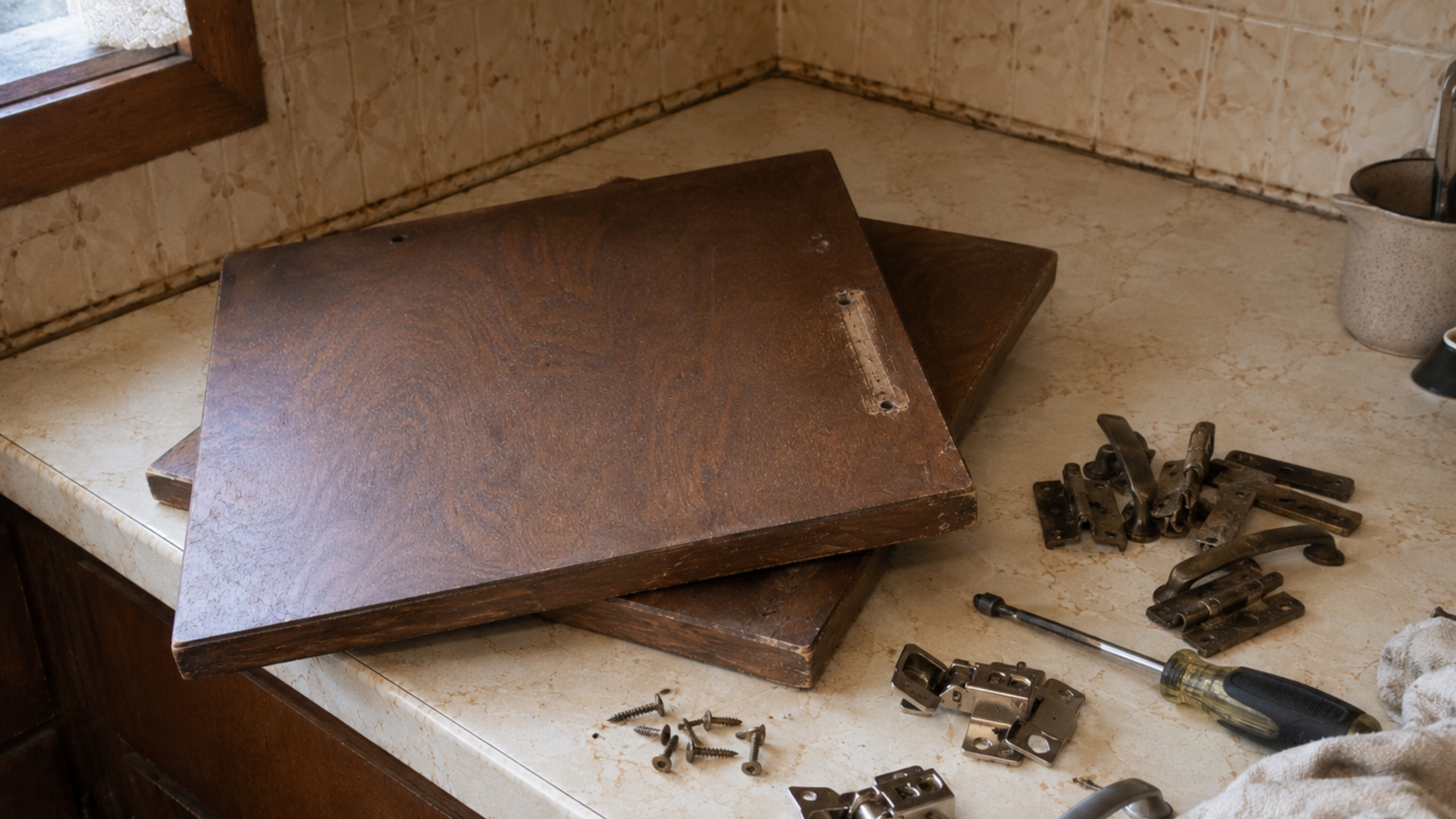 Old 1970s cabinet doors with removed hinges, screws, pulls, and a screwdriver on the counter.