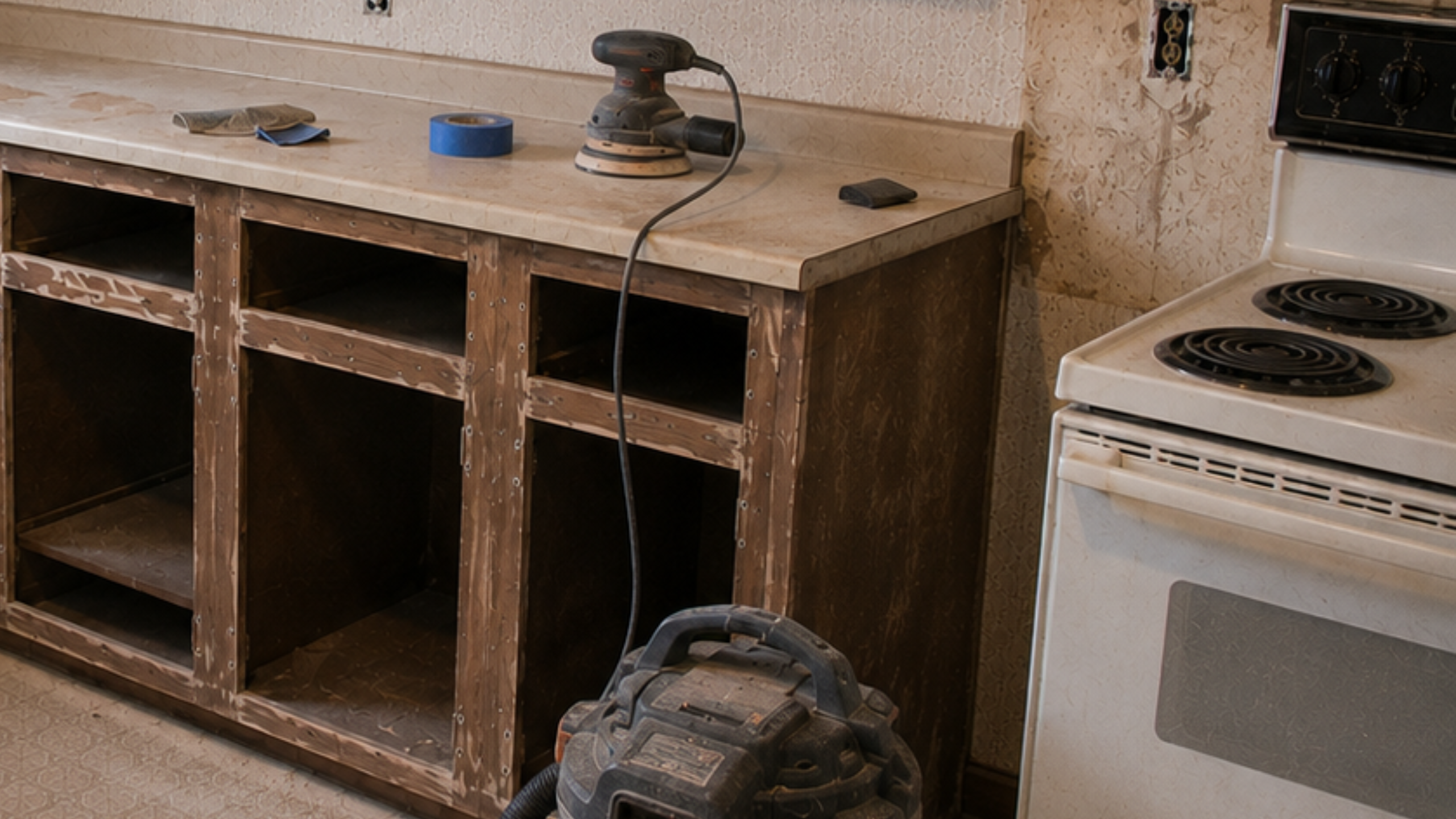 1970s kitchen cabinet boxes being sanded with doors removed, sander, dust, stove, and tools visible.