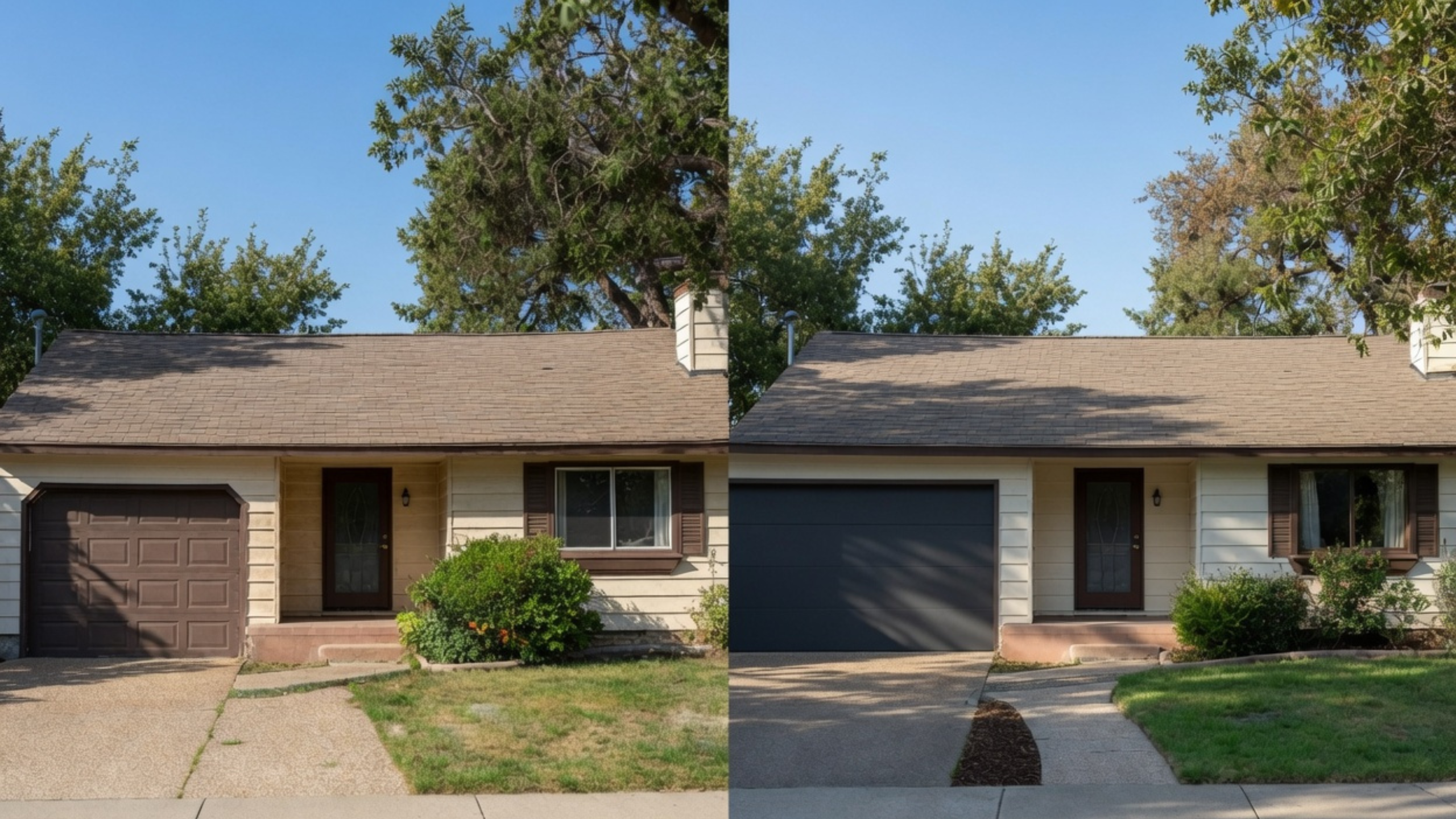1980s ranch house exterior before and after curb appeal update with garage, siding, lawn, and shrubs.
