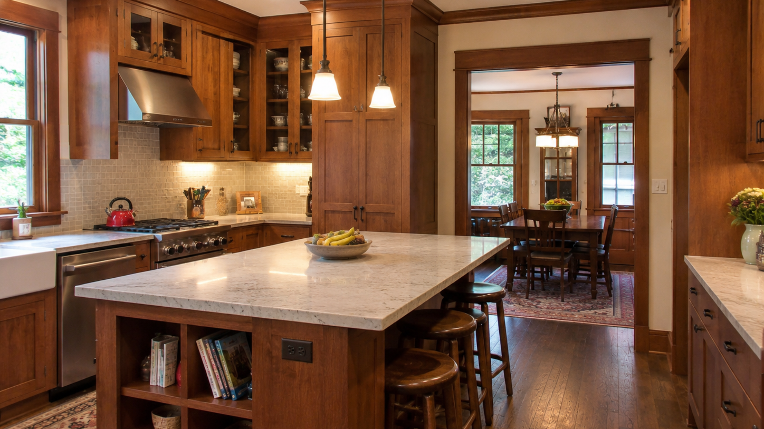 Authentic craftsman kitchen remodel with warm wood cabinets, island, and dining room opening.