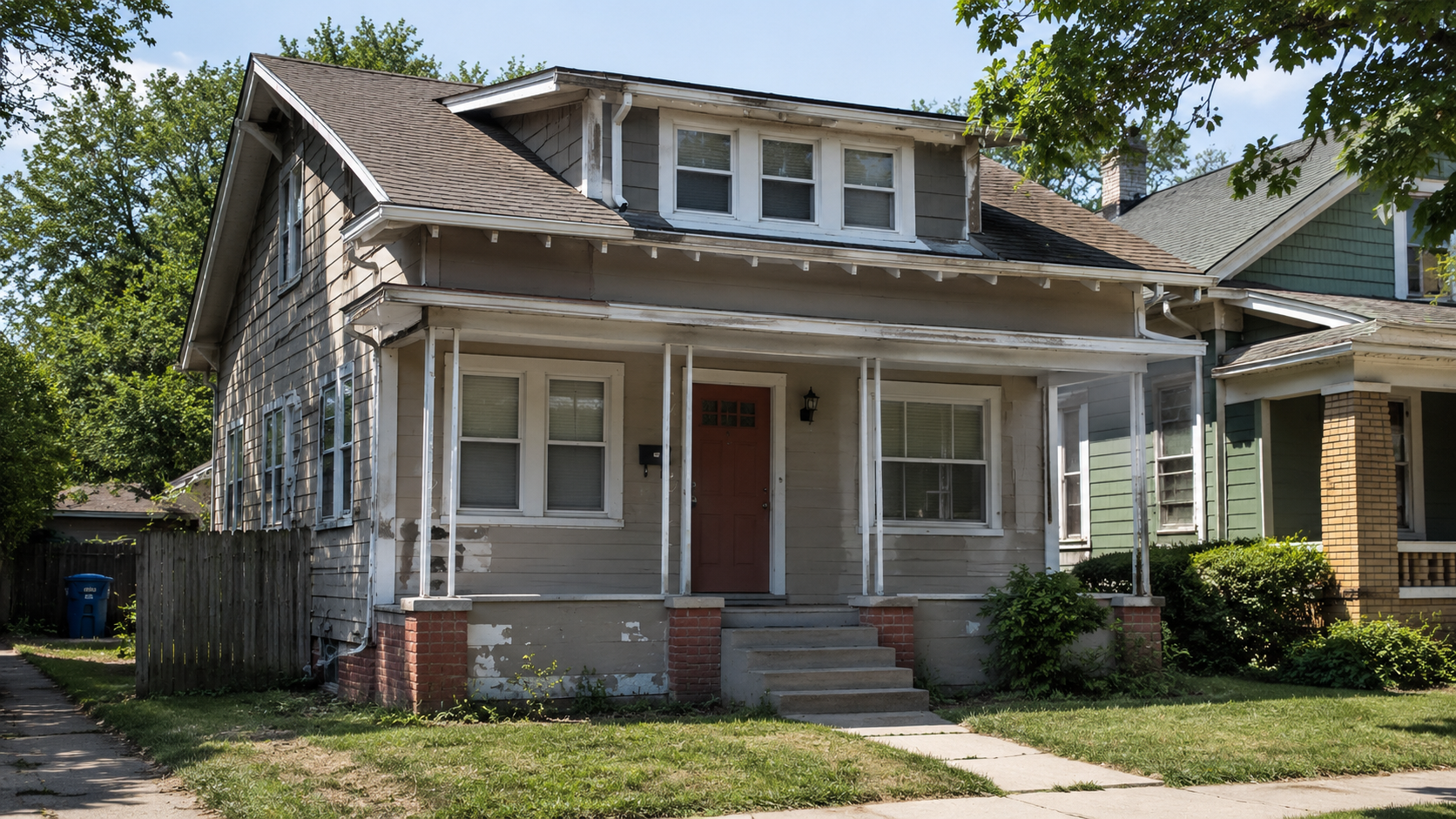 Craftsman house with skinny porch posts, vinyl windows, thin trim, and patchy exterior paint.