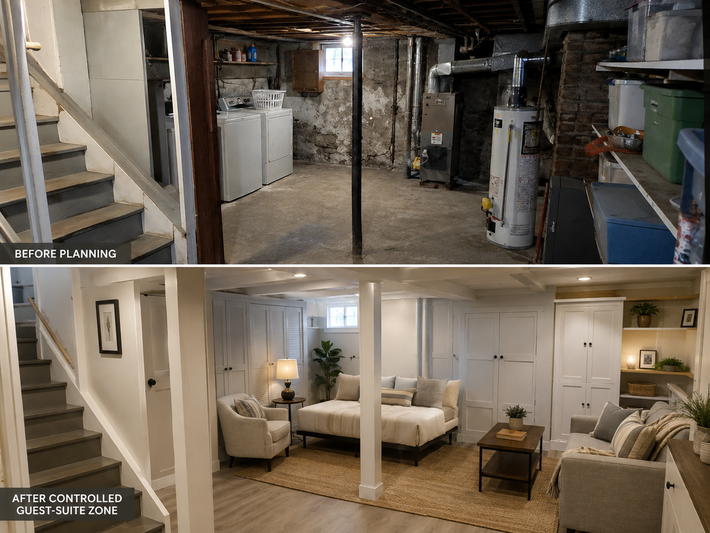 Cape Cod basement before and after guest-suite planning with low ceiling, posts, and service closet doors.
