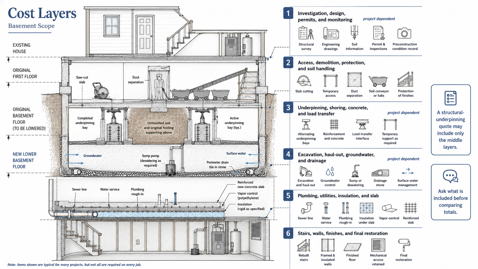 Six project cost layers for lowering and underpinning an existing residential basement.