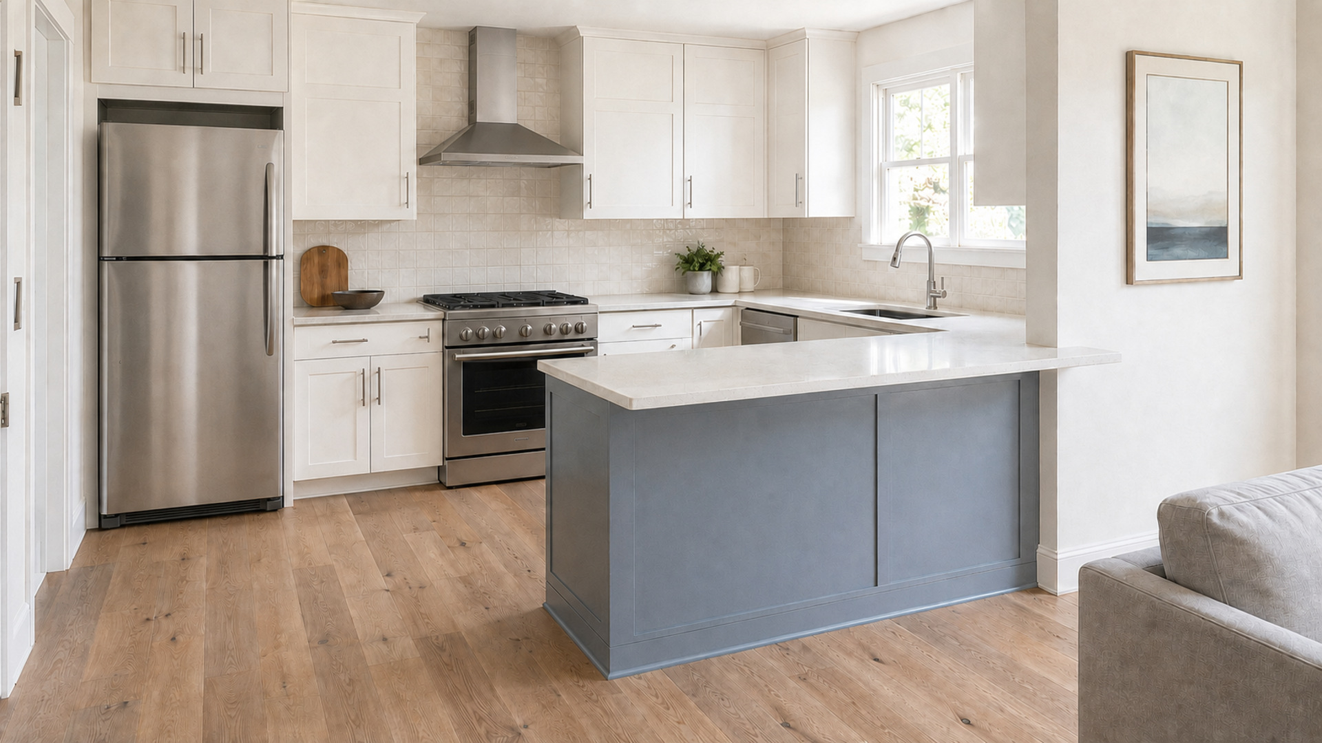 White kitchen with a muted blue-gray peninsula and warm oak flooring.