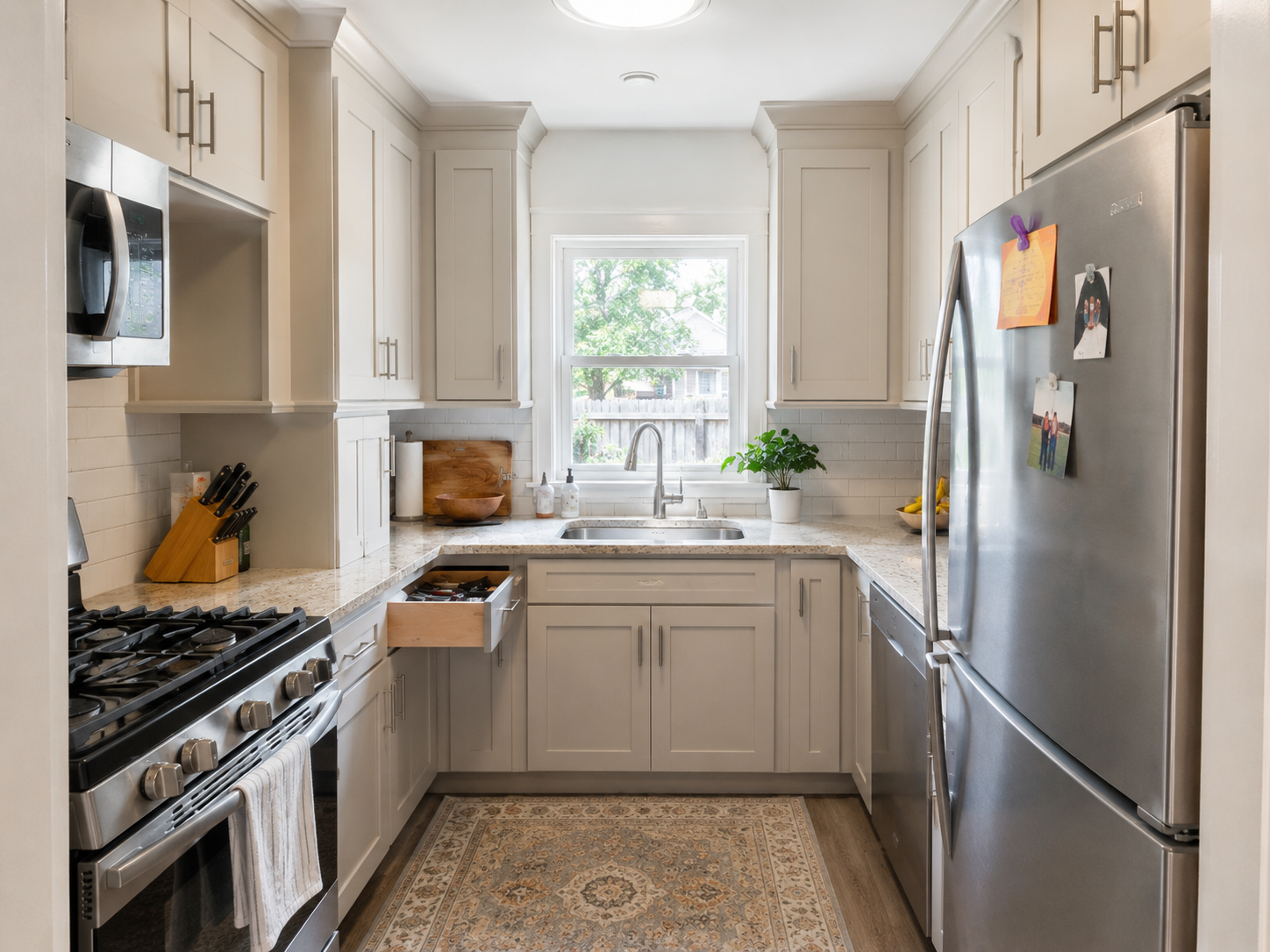 Cape kitchen with bulky replacement cabinets crowding the sink window and appliance layout.