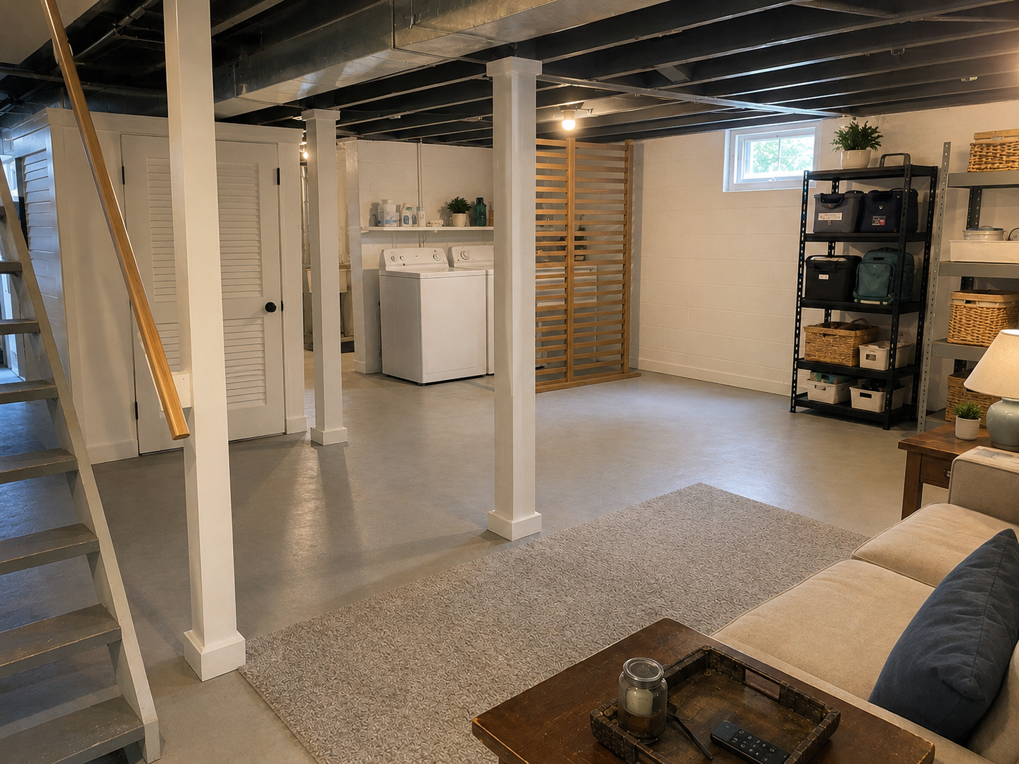 Improved Cape Cod basement with screened laundry area, organized storage, exposed ceiling, and sitting zone.