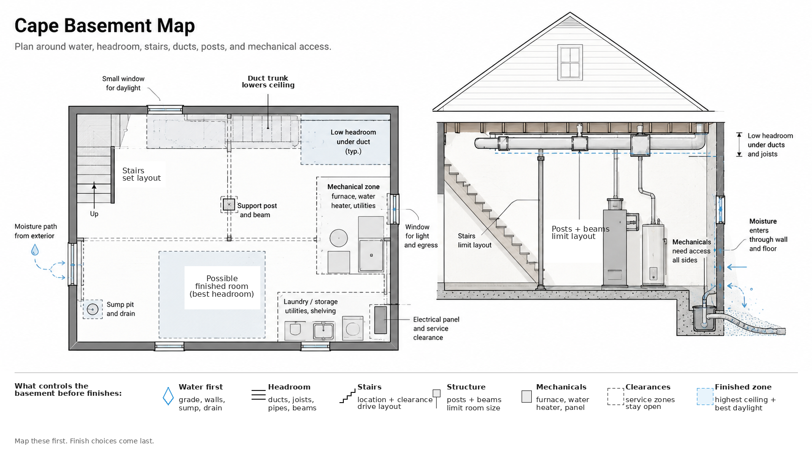 Diagram showing Cape Cod basement constraints including stairs, ducts, posts, moisture, mechanicals, and finished zone.