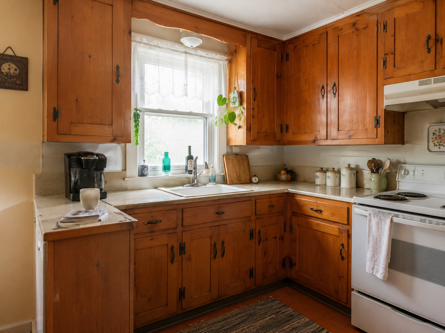 Cape Cod kitchen with older wood cabinets that still fit the room well.
