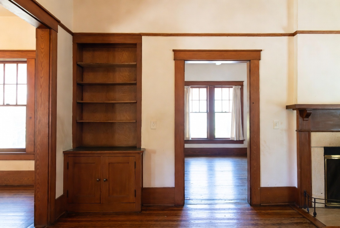 Craftsman built-in cabinet beside wood trim and fireplace detail.