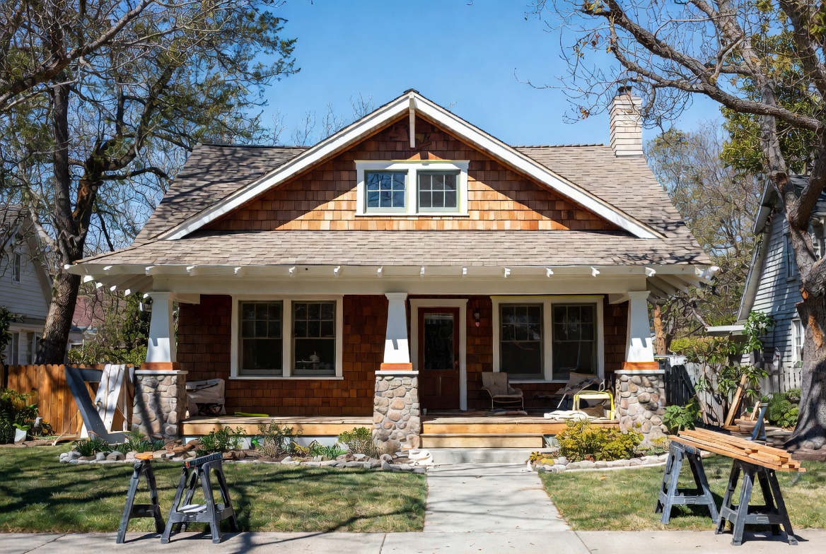 Craftsman house with porch, wood siding, and active exterior renovation work.