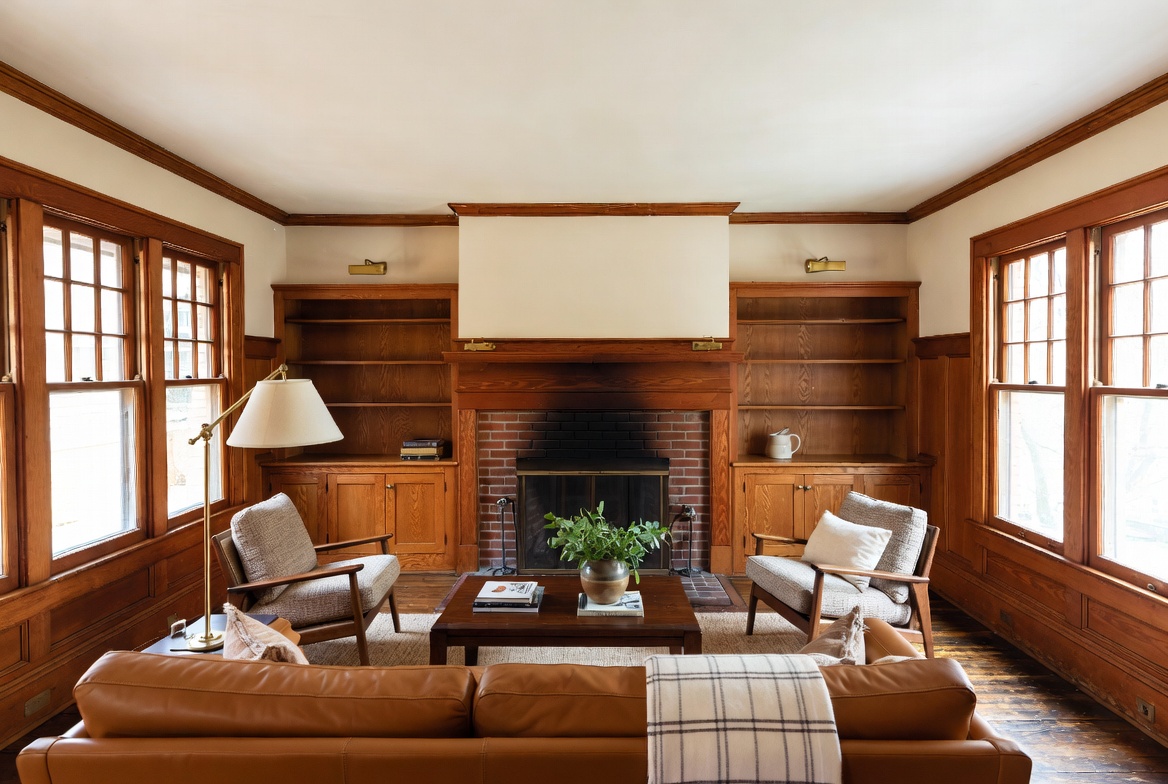Craftsman living room with fireplace, symmetrical built-ins, and wood trim.