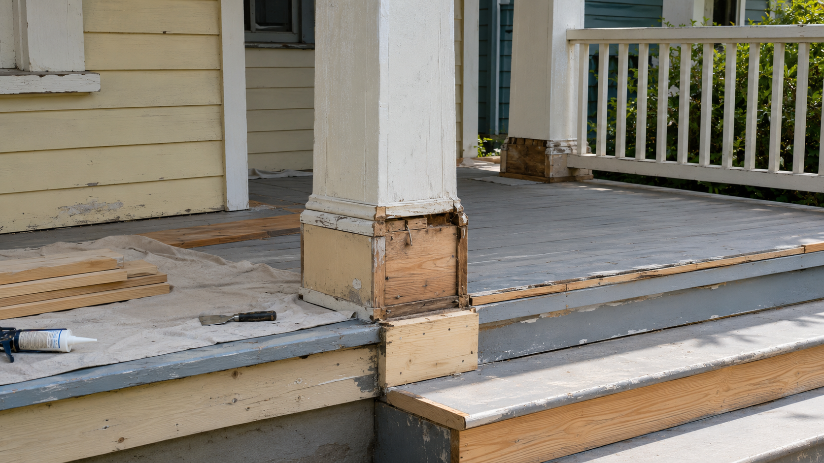 Craftsman porch repair with tapered columns, wood steps, railings, and trim work.