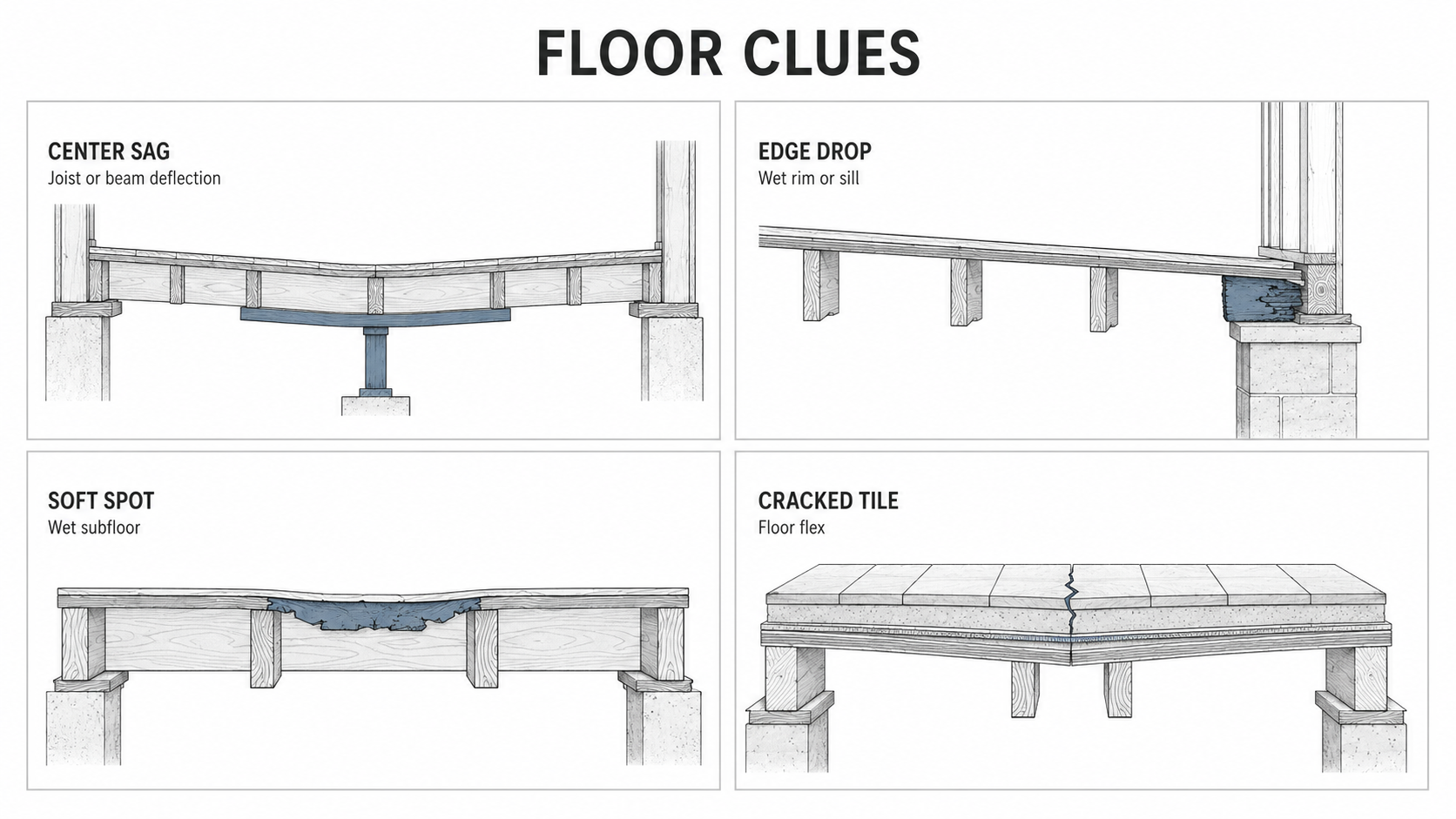 Diagram of center sag, edge drop, soft spot, and cracked tile.