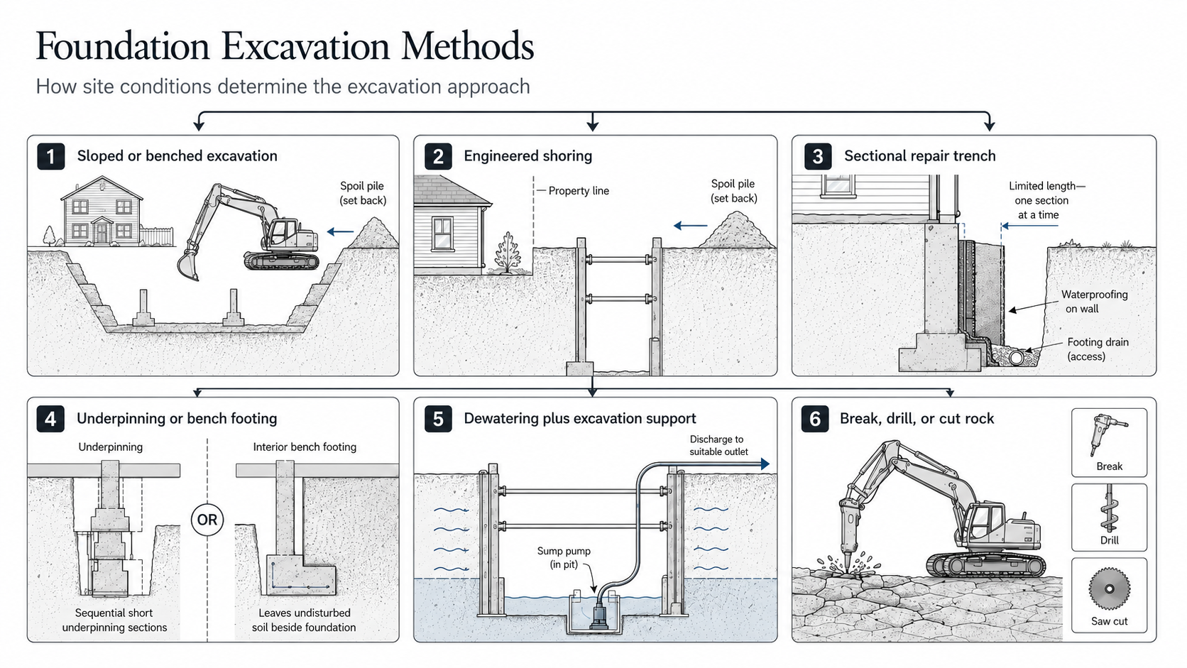 Diagram comparing foundation excavation methods for six different site conditions.
