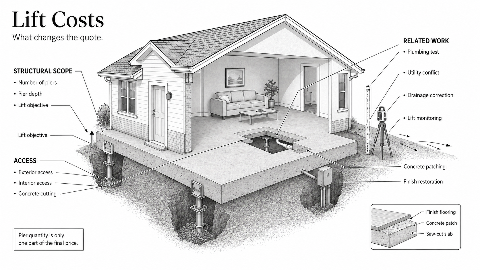 House cutaway showing the main factors that increase foundation lifting costs.