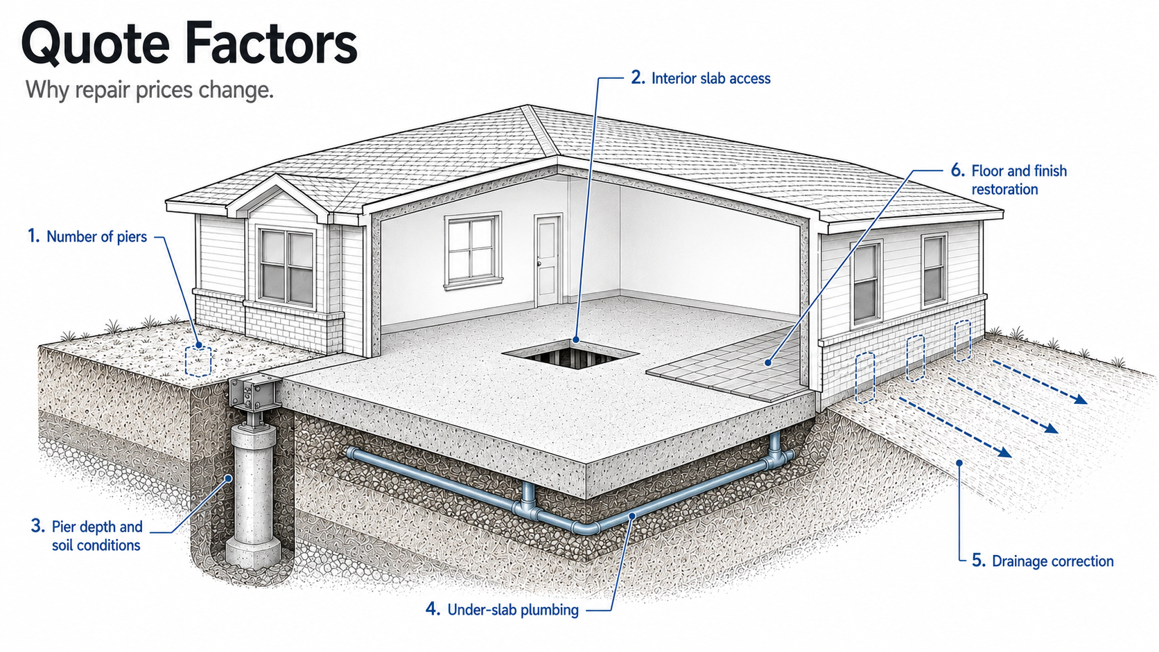 Cutaway slab foundation showing six conditions that affect foundation repair quotes.
