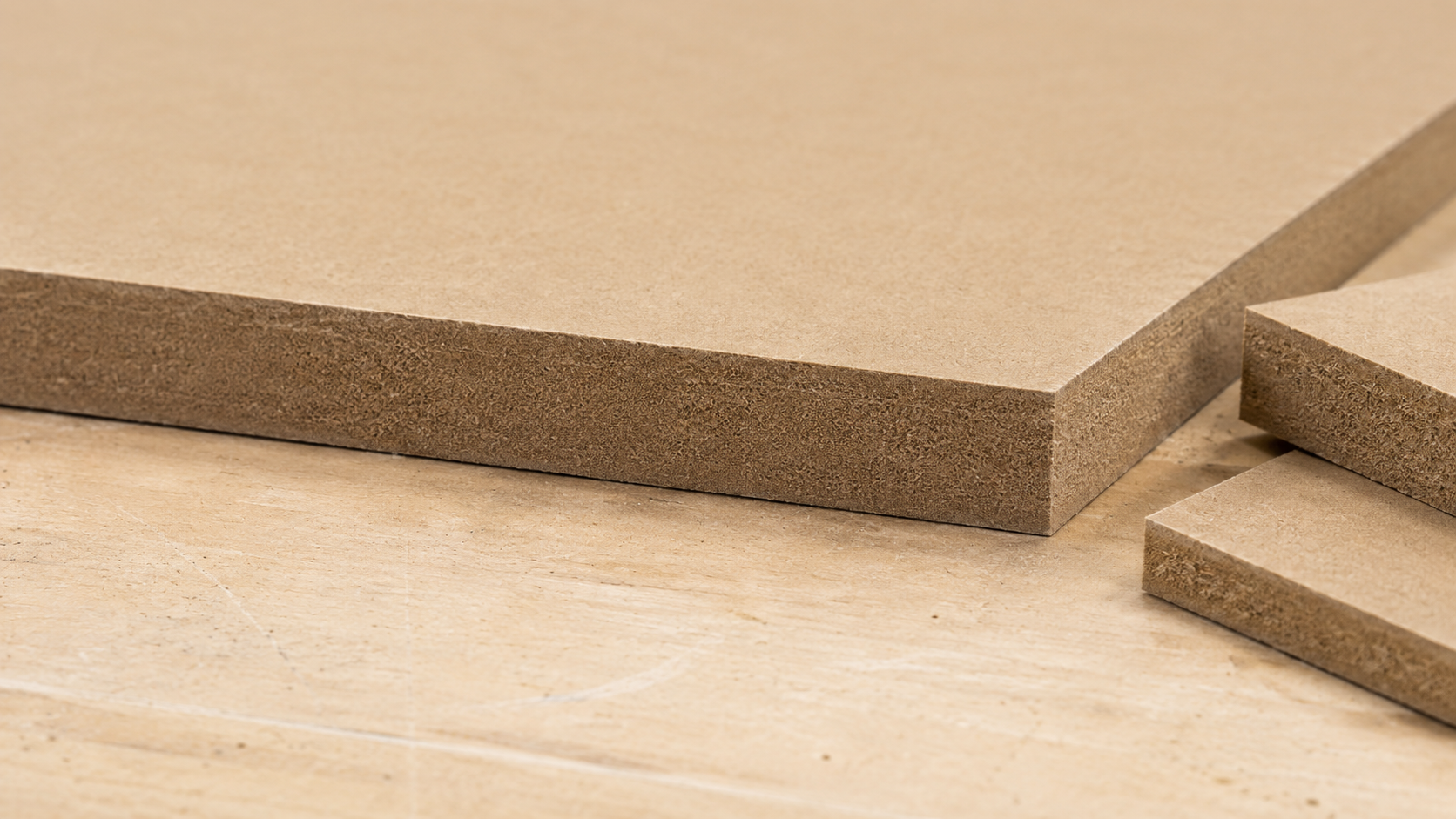 Close-up of a dense HDF board edge beside a smooth finished face.
