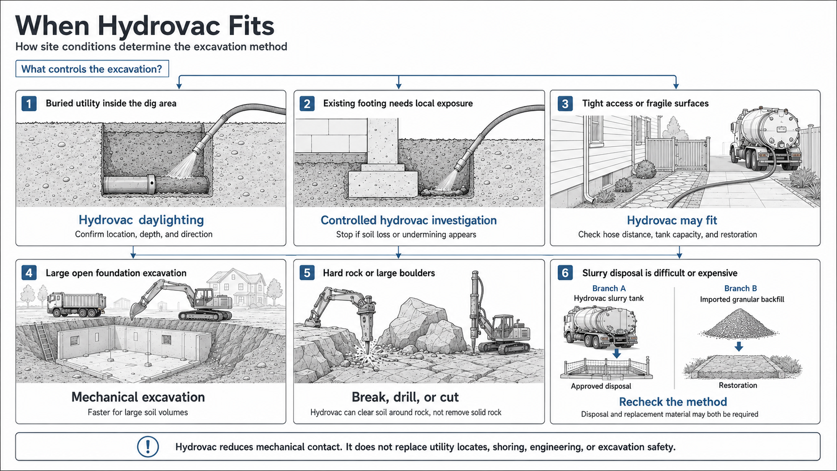 Decision diagram showing when hydrovac excavation is useful and when another excavation method is more suitable.