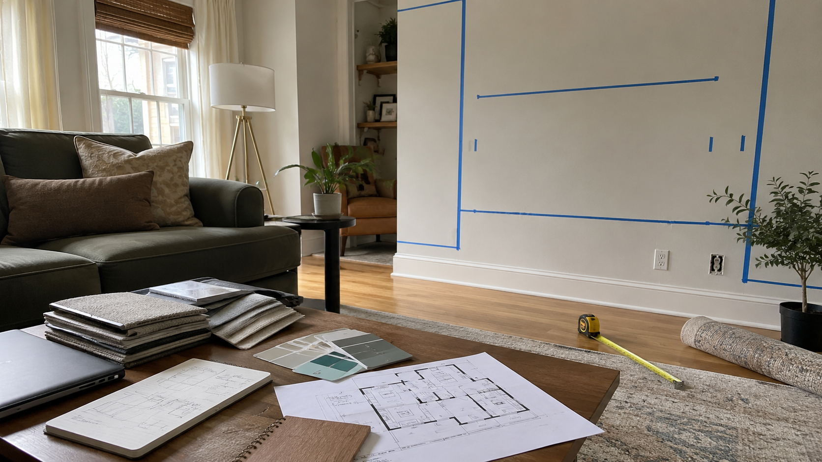 Interior design planning setup with room measurements, material samples, floor plan, and furniture layout.