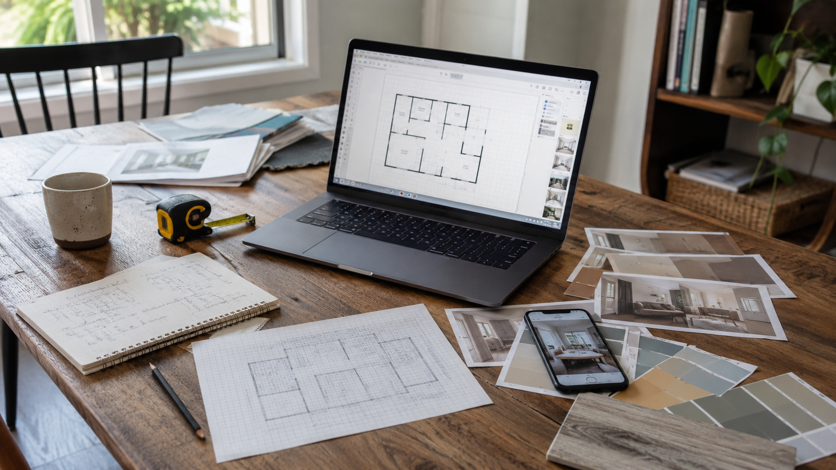 Home design planning desk with laptop floor plan, room photos, swatches, sketch, and measuring tape.