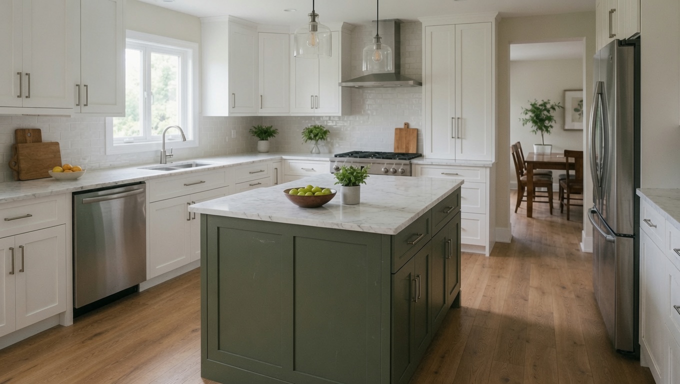 Warm white kitchen with an olive-green island and natural oak flooring.