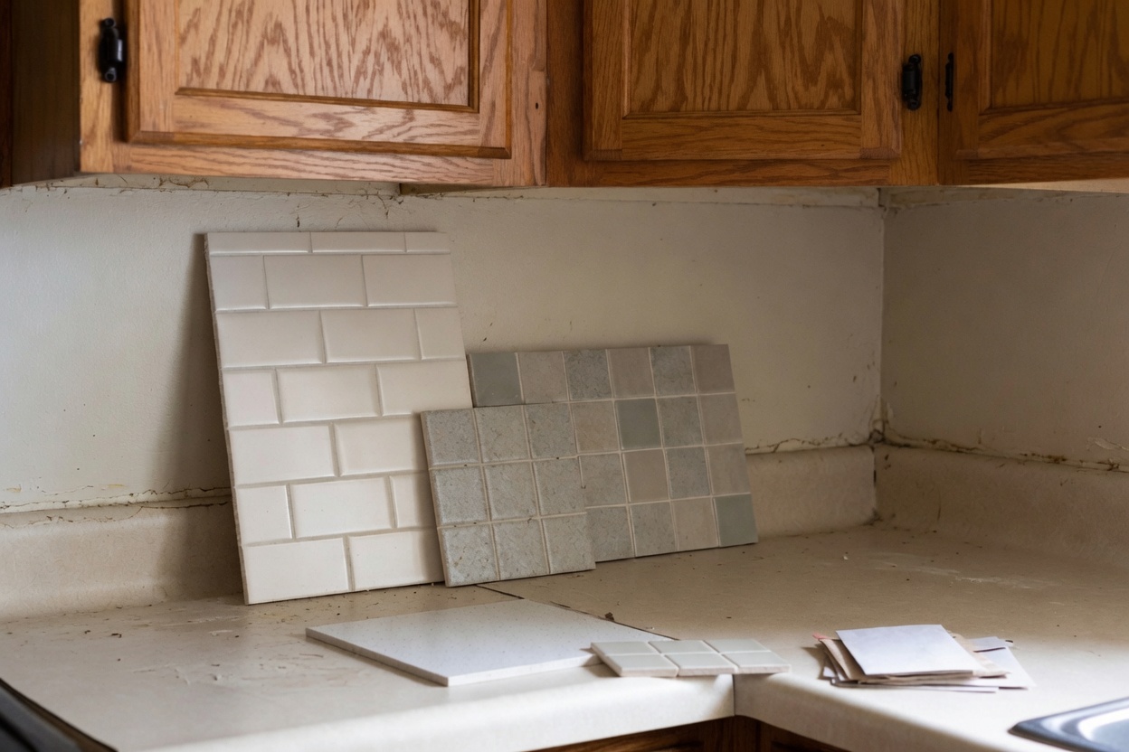 Backsplash tile samples resting on a worn kitchen counter beneath oak cabinets.