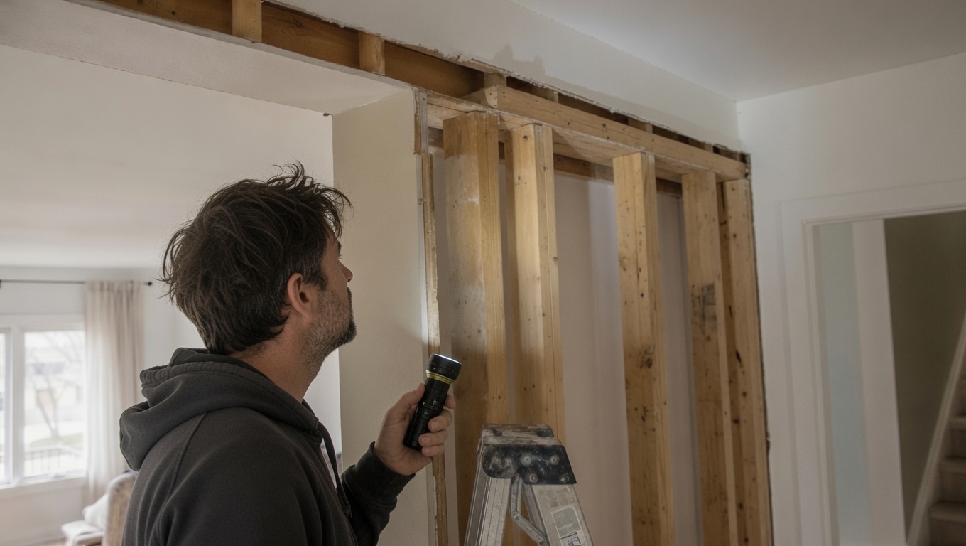 Exposed interior wall framing being inspected in a two-story house.