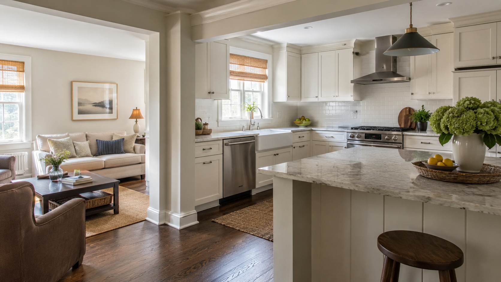 Modern white kitchen with a large island, dark wood floors and preserved cased openings inside an early-1900s house.