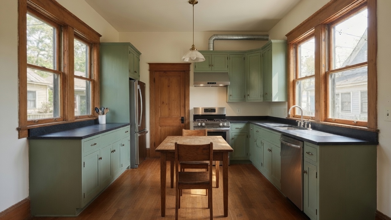 Narrow wooden worktable inside a remodeled 1910s kitchen with preserved windows and trim.