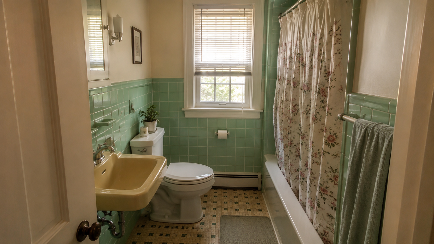 Older Cape Cod bathroom with green tile, tub, toilet, sink, window, and tight layout.