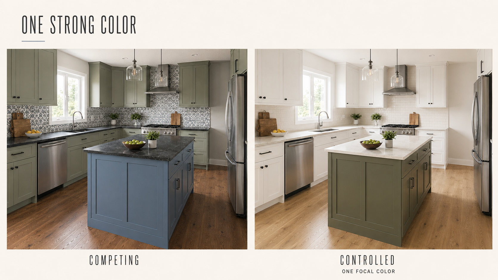 Same kitchen showing competing permanent colors versus one controlled olive focal color.